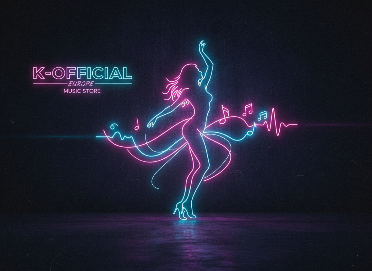 neon silhouette of a woman in vibrant pink and blue lights on dark background for K-Official Europe music store atmosphere